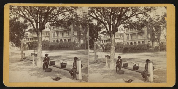 Two African American Boys Sitting on Bench with Three Baskets on Battery at Meeting Street, Charleston, South Carolina, USA, Stereo Card, 1860's