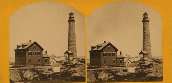Thacher Island Lighthouse with Adjacent Keeper's House, Gloucester, Massachusetts, USA, by Hervey Friend, Stereo Card, 1869