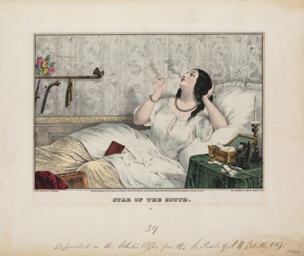 Star of the South, Reclining Portrait of Young Southern Woman Smoking while Reading Letters in Bed, Lithograph, Nathaniel Currier, 1847