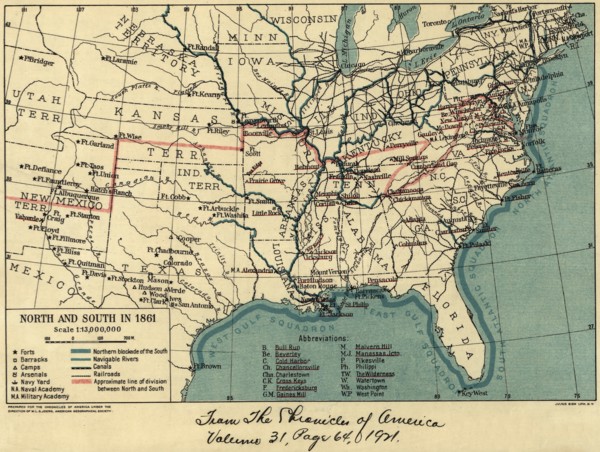 Map during American Civil War, North and South in 1861, The Chronicles of America, 1921,