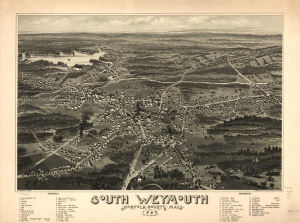 South Weymouth, Norfolk County, Massachusetts, Artist, C.E. Jorgensen, Geo. H. Walker & Son Lith., Boston, Published by A.P. Poole & Co., Brockton, Mass., 1885