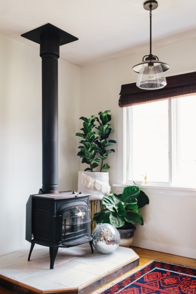 Wood Burning Stove in Corner of Living Room