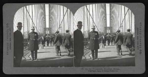 Group of People on Promenade, Brooklyn Bridge, New York City, New York, USA, Stereo Card by Stereo-Travel Co., 1909