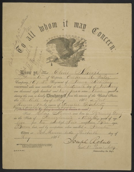 U.S. Government Certificate to Discharge Private Cline Morris from Co. E, 3rd Pennsylvania Heavy Artillery Regiment, American Civil War, USA, 1865