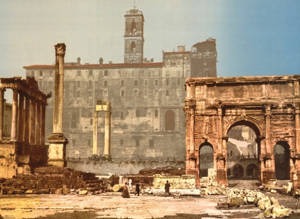 Temple of Saturn and Triumphal Arch of Septimus Severus, Rome, Italy, Photochrome Print, Detroit Publishing Company, 1900