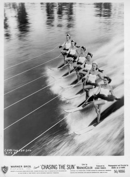 Synchronized Water Skiing Scene, on-set of the Film, "Chasing the Sun", Warner Bros., 1956