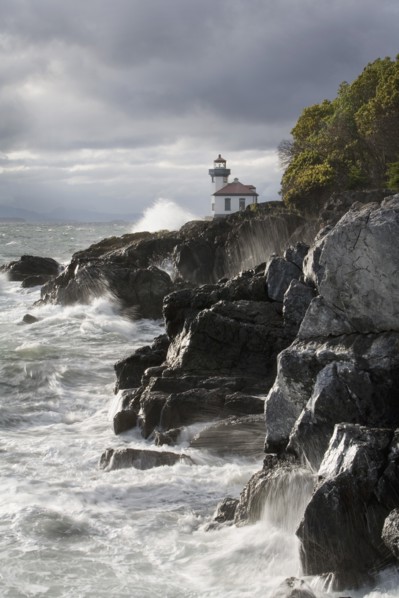 Light House and Rocky Shore, Washington, USA