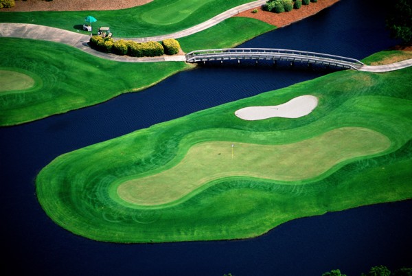 Golf Course and Water Hazard, High Angle View
