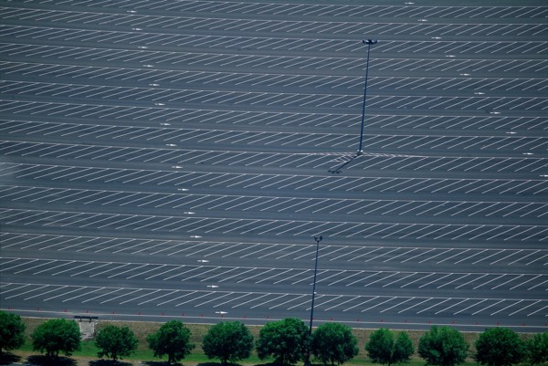 Empty Parking Lot and Row of Trees, High Angle View