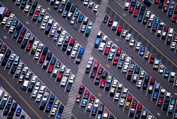 Parking Lot Filled with Cars, High Angle View