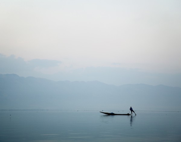 Man Leg Rowing on Lake Inle in Burma