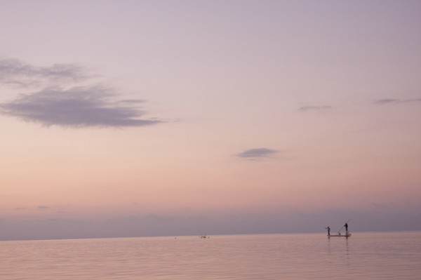 Two Men Fishing in Boat on Calm Water, Florida Keys, USA
