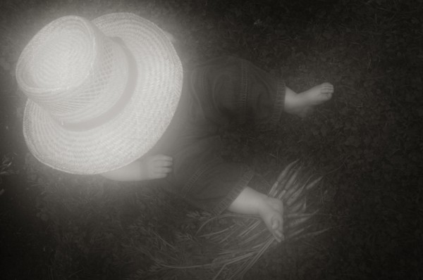 Young Boy in Large Hat Sitting on Ground with Carrots, High Angle View