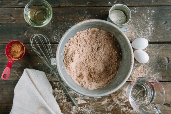 Cake Mix and Ingredients, High Angle View