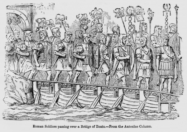 Roman Soldiers Passing over a Bridge of Boats, From the Antonine Column, Illustration from John Cassell's Illustrated History of England, Vol. I from the earliest period to the reign of Edward the Fou...