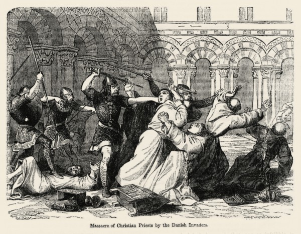 Massacre of Christian Priests by the Danish Invaders, Illustration from John Cassell's Illustrated History of England, Vol. I from the earliest period to the reign of Edward the Fourth, Cassell, Pette...