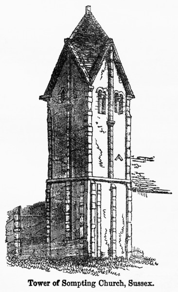 Tower of Sompting Church, Sussex, Illustration from John Cassell's Illustrated History of England, Vol. I from the earliest period to the reign of Edward the Fourth, Cassell, Petter and Galpin, 1857