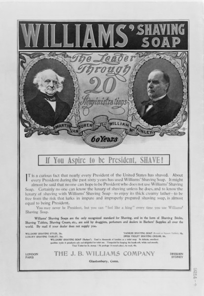 Advertisement for Williams' Shaving Soap showing head and shoulder portraits of U.S. Presidents Martin Van Buren and William McKinley, P.F. Collier & Son, March 16, 1901