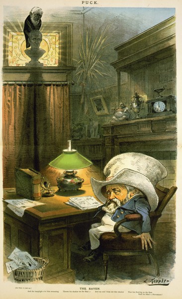 "The Raven" Political Cartoon featuring U.S. President Benjamin Harrison who was at odds with Secretary of State James G. Blaine over proposed McKinley Tariff, Artwork by J. Keppler, Puck Magazine, Au...
