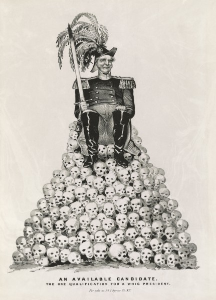 An Available Candidate--the one Qualification for a Whig President, Man in Military Uniform, either Zachary Taylor or Winfield Scott who were both Contenders for the Whig Nomination, Holding a Blood-S...