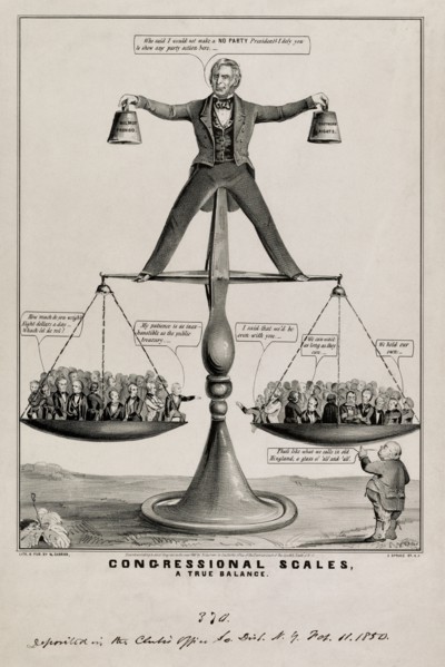 Congressional Scales, a True Balance, Satire on U.S. President Zachary Taylor's attempts to Balance Southern and Northern Interests on the Question of Slavery, Lithograph, Nathaniel Currier, 1850