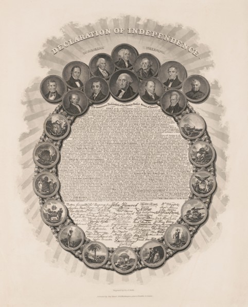 Declaration of Independence, in Congress July 4th 1776, Text and Signatures within Wreath of Portraits of First Twelve U.S. Presidents and Scenes Representing Thirteen Colonies, Engraved by Geo. G. Sm...