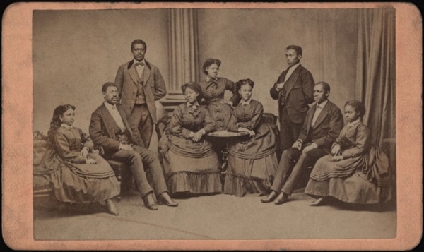 Group Portrait of Fisk University Jubilee Singers, with (from l. to r.) Minnie Tate, Greene Evans, Isaac Dickerson, Jennie Jackson, Maggie Porter, Ella Sheppard, Thomas Rutling, Benjamin Holmes, and E...