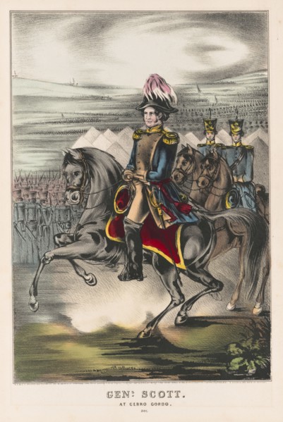Genl. Scott at Cerro Gordo, General Winfield Scott, Full-length Portrait, Wearing Military Uniform, Riding on Horseback with Soldiers in Background, Battle of Cerro Gordo, Mexico, Lithograph, E.B. & E...
