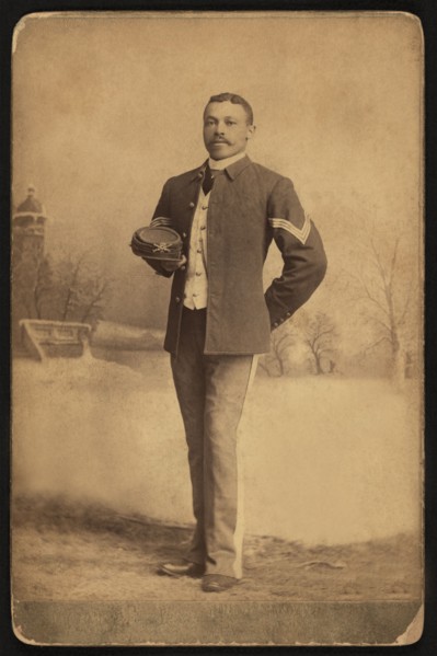 Buffalo Soldier, 25th Infantry, Full-Length Portrait in Uniform Holding Hat, Fort Custer, Montana, USA, by Orlando Scott Goff, William A. Gladstone Collection of African American Photographs, 1880's