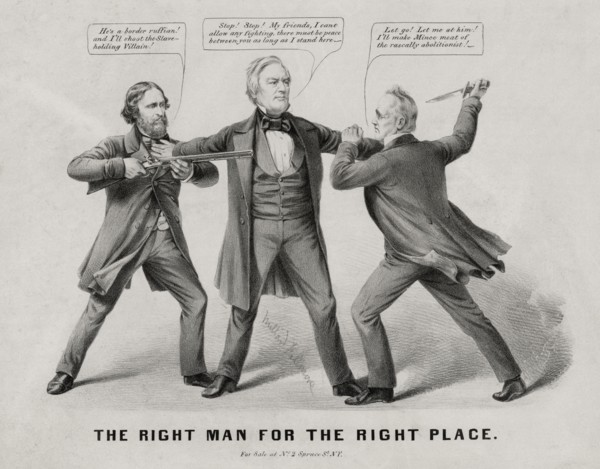 "the Right Man for the Right Place", Political Cartoon featuring U.S. Presidential Candidates John C. Fremont, Millard Fillmore & James Buchanan, Nathaniel Currier, 1856