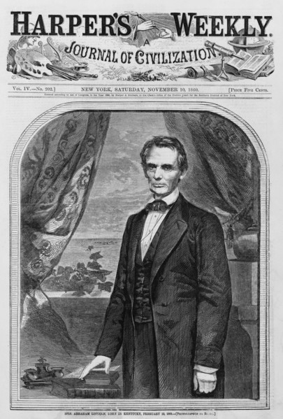 Hon. Abraham Lincoln, Born in Kentucky, February 12, 1809 (Photographed by Brady), Cover of Harper's Weekly Magazine, November 10, 1860