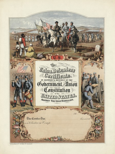 Union Defenders Certificate in Support & Defense of the Government, the Constitution of the United States, against the Great Rebellion, Lithograph, Gibson & Company, Cincinnati, Ohio, 1860's