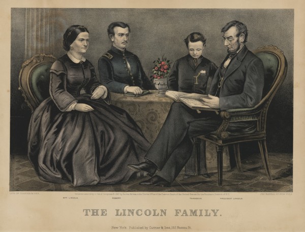 The Lincoln Family, from Left Mary Todd Lincoln, Robert Lincoln, Thomas Lincoln, Abraham Lincoln, Lithograph by Currier & Ives, 1867