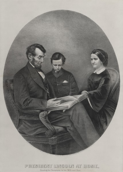 President Lincoln at Home, Reading the Scriptures to his Wife and Son, Currier & Ives, 1865