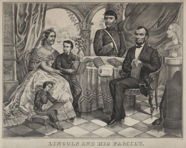 Lincoln and his Family, Portrait of Abraham Lincoln with Wife Mary Todd Lincoln (sitting at left) and sons Willie (standing with Mary), Robert (standing center) and Thomas (sitting at left), Lithograp...