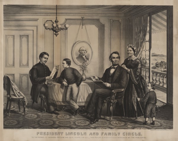 President Lincoln and Family Circle, from left Robert Lincoln, William Lincoln, Abraham Lincoln, Mary Todd Lincoln, Thomas Lincoln, Engraved by J.L. Giles, Published by Lyon & Co., 1867