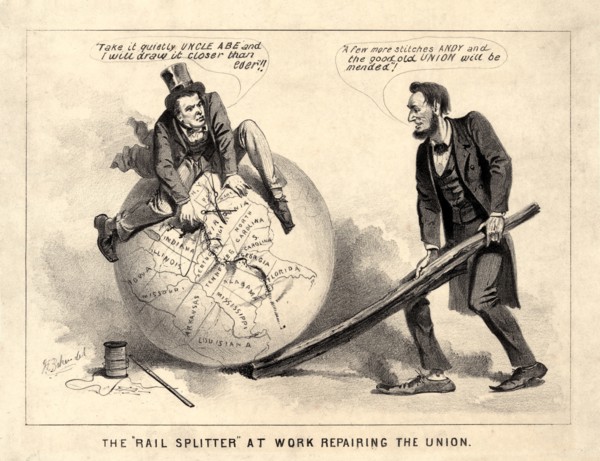The "Rail Splitter" at Work Repairing the Union", Political Cartoon Featuring U.S. President Abraham Lincoln and Vice President Andrew Johnson, Joseph E. Baker, 1865