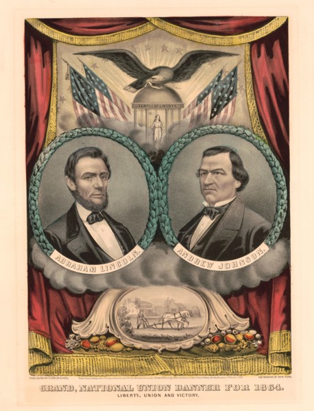 Campaign Banner for the Republican Ticket in 1864 Presidential Election featuring Head and Shoulders Portraits of U.S. President Abraham Lincoln (left) and Andrew Johnson (right), "Grand National Unio...