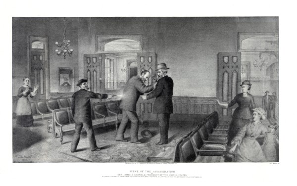 Scene of the Assassination of Gen. James A. Garfield, President of the United States, Lithograph, W.T. Mathews, 1881