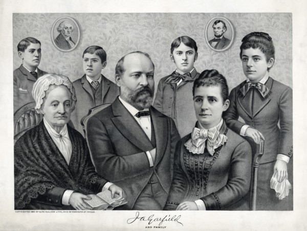 J.A. Garfield and Family, Portrait of U.S. President James A. Garfield Sitting in Parlor with his mother, Eliza, and his wife, Lucretia, and with three sons and daughter standing behind them, Lithogra...