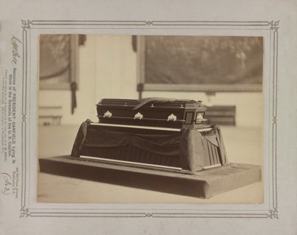 Remains of President Garfield lying in State in the Rotunda of the U.S. Capitol, Washington, DC, USA, Photograph by Charles Milton Bell, 1881