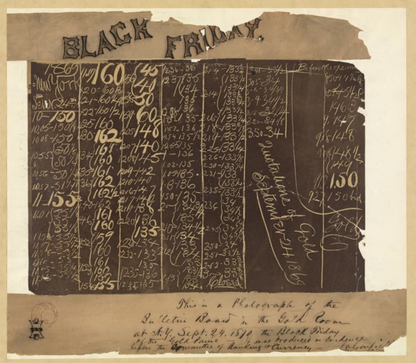 Black Board in  New York Gold Room Showing the Collapse of the Price of Gold, Handwritten Caption by James A. Garfield, Photograph, September 24, 1869