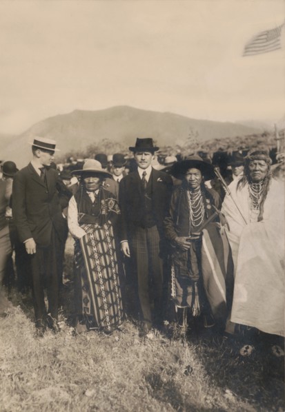 Secretary of the Interior, James Rudolph Garfield, his son with Chief Carlos and his son, Flathead Indian Reservation, Montana, USA, Photograph by Edward H. Boos, 1907