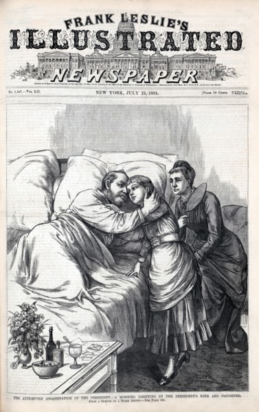 The Attempted Assassination of the President, from a sketch by a staff artist, President Garfield, following assassination attempt, lying in bed during visit from his wife and daughter, Illustration, ...