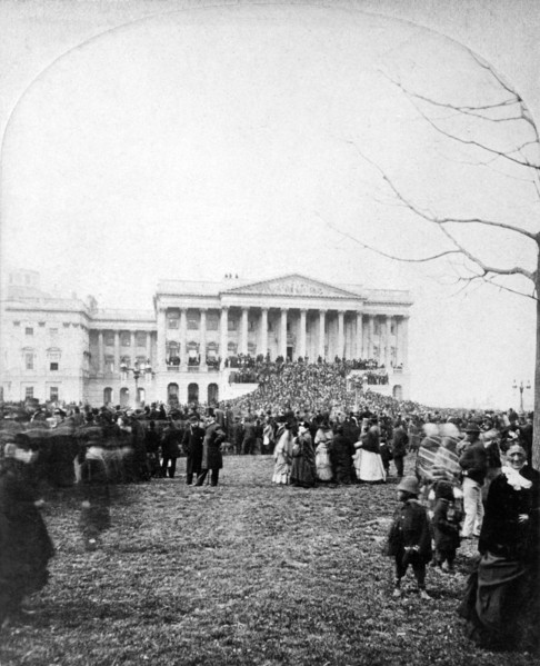 Crowd attending Inauguration of U.S. President Rutherford B. Hayes, Senate Wing of U.S. Capitol Building in Background, Washington DC, USA, Stereograph, March 5, 1877
