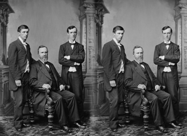 U.S. President Rutherford B. Hayes (center) with his two older sons, (left to right) Webb Cook Hayes and Birchard Austin Hayes (eldest son), Full Length Portrait, Brady-Handy Collection, 1870's