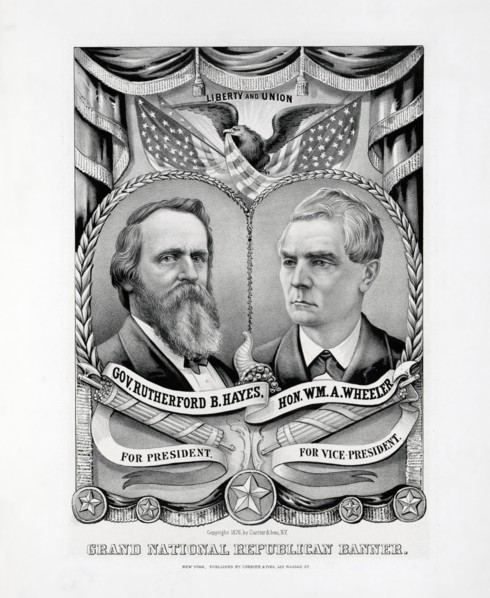 Grand National Republican Banner, Gov. Rutherford B. Hayes for President, Hon. William A. Wheeler for Vice President, Presidential Election Campaign Banner, Lithograph, Published by Currier & Ives, 18...