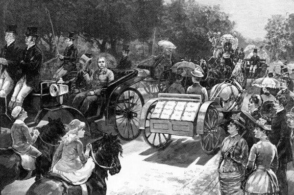 "The President's Vacation - on Bellevue Avenue, Newport", President Chester A. Arthur in Horse-Drawn Carriage on Crowded Road, drawn by W.P. Snyder, Harper's Weekly, September 6, 1884