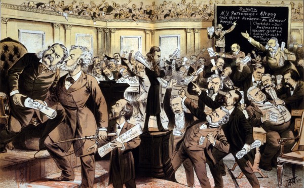 "This is not the New York Stock Exchange, it is the Patronage Exchange, Called U.S. Senate", Political Cartoon Featuring U.S. President Chester A. Arthur, Illustration by James Albert Wales, Puck Maga...