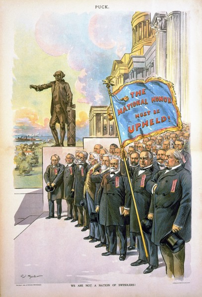 "We are not a Nation of Swindlers!", Political Cartoon of a group of people featuring U.S. Presidents Grover Cleveland, William McKinley, and Benjamin Harrison in foreground, with McKinley holding up ...